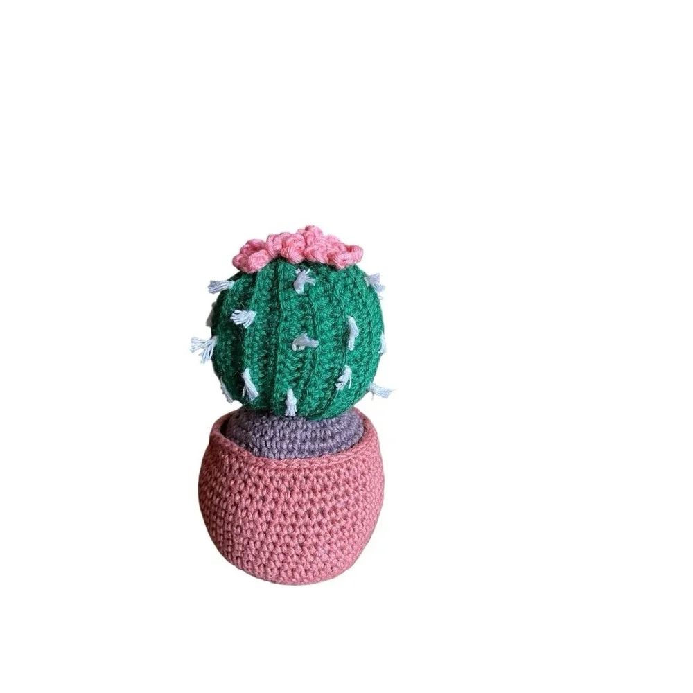 Handmade Crochet Ball Cactus with Pink Flowers Decorative Crocheted Plant Spikes